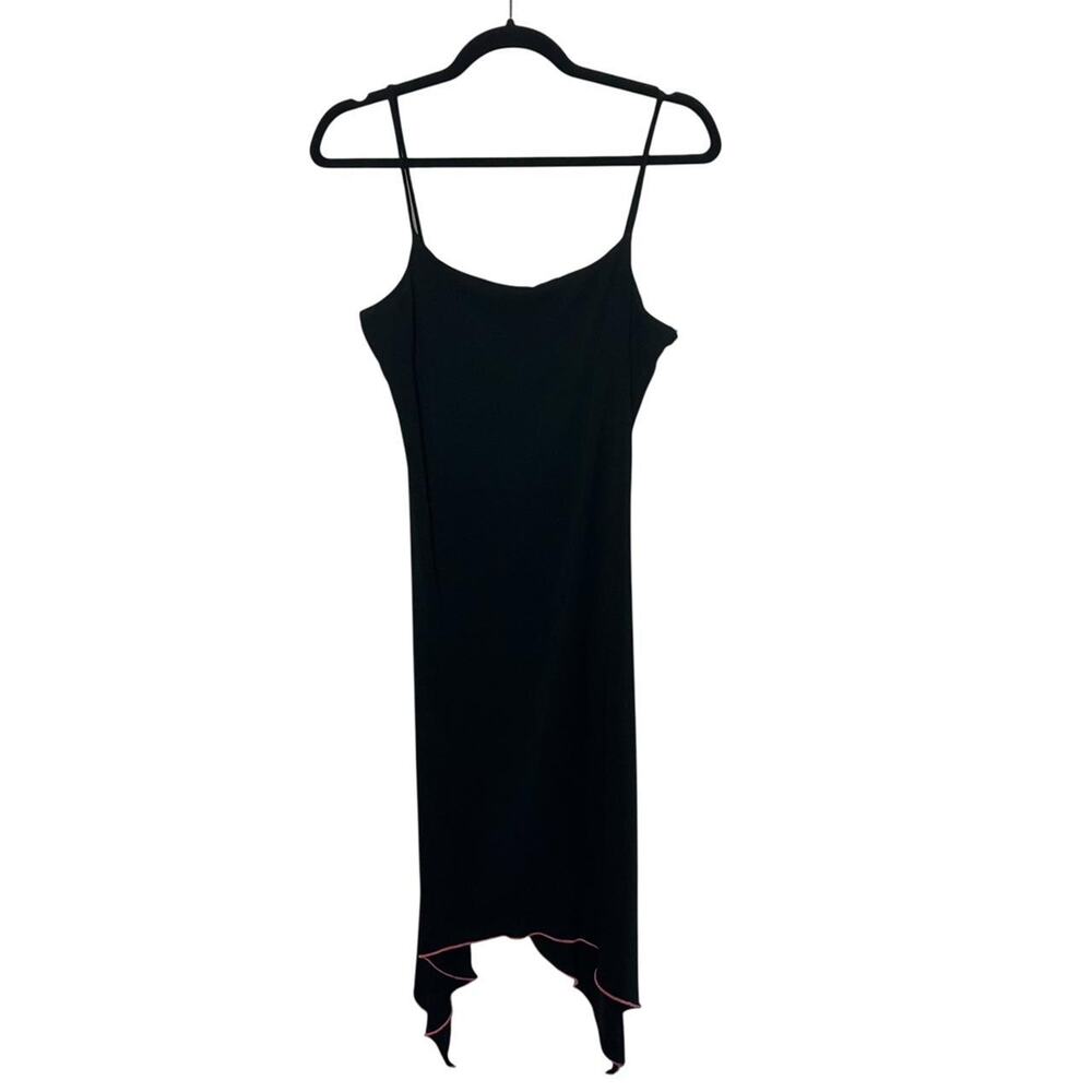Vintage y2K Black asymmetrical handkerchief hem midi dress with pink trim medium - Picture 2 of 4